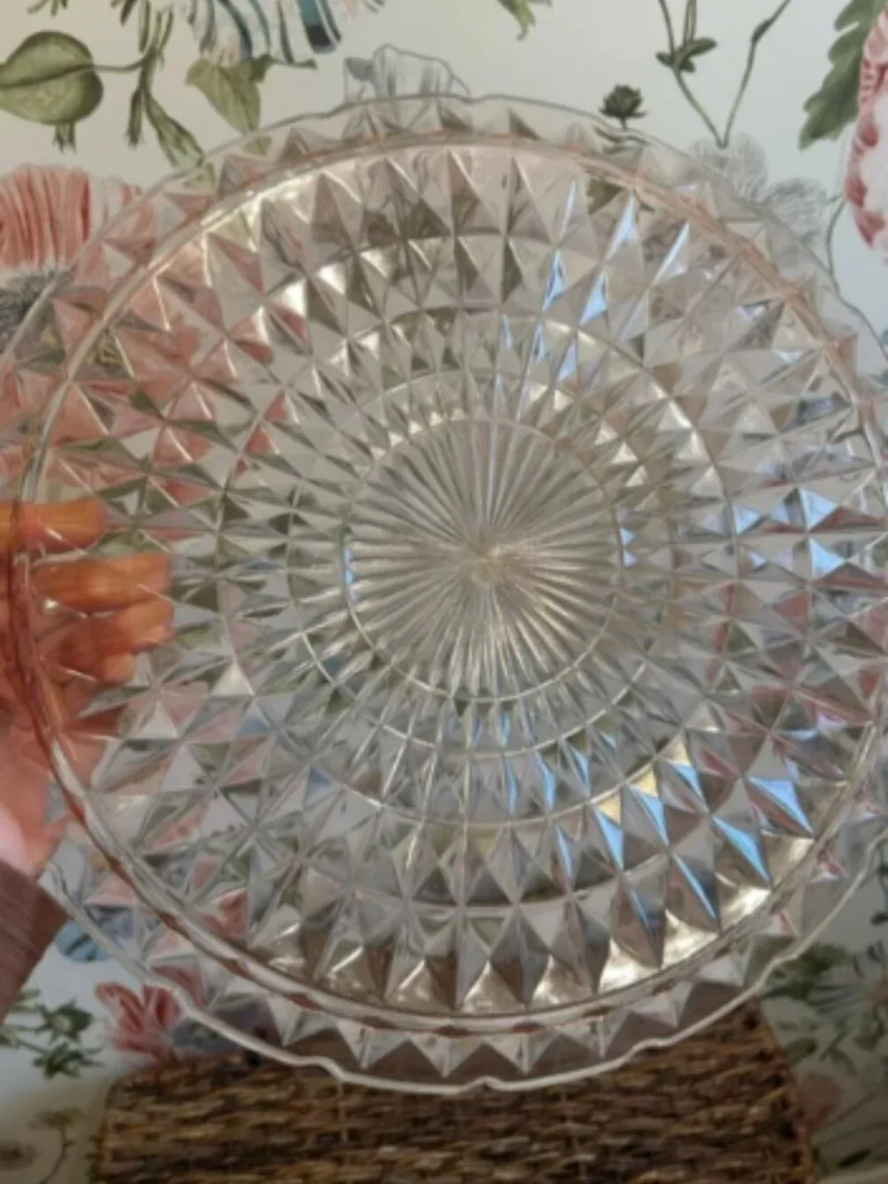 Vintage Blush Pink Pressed Glass Starburst Platter Decorative Round Tray